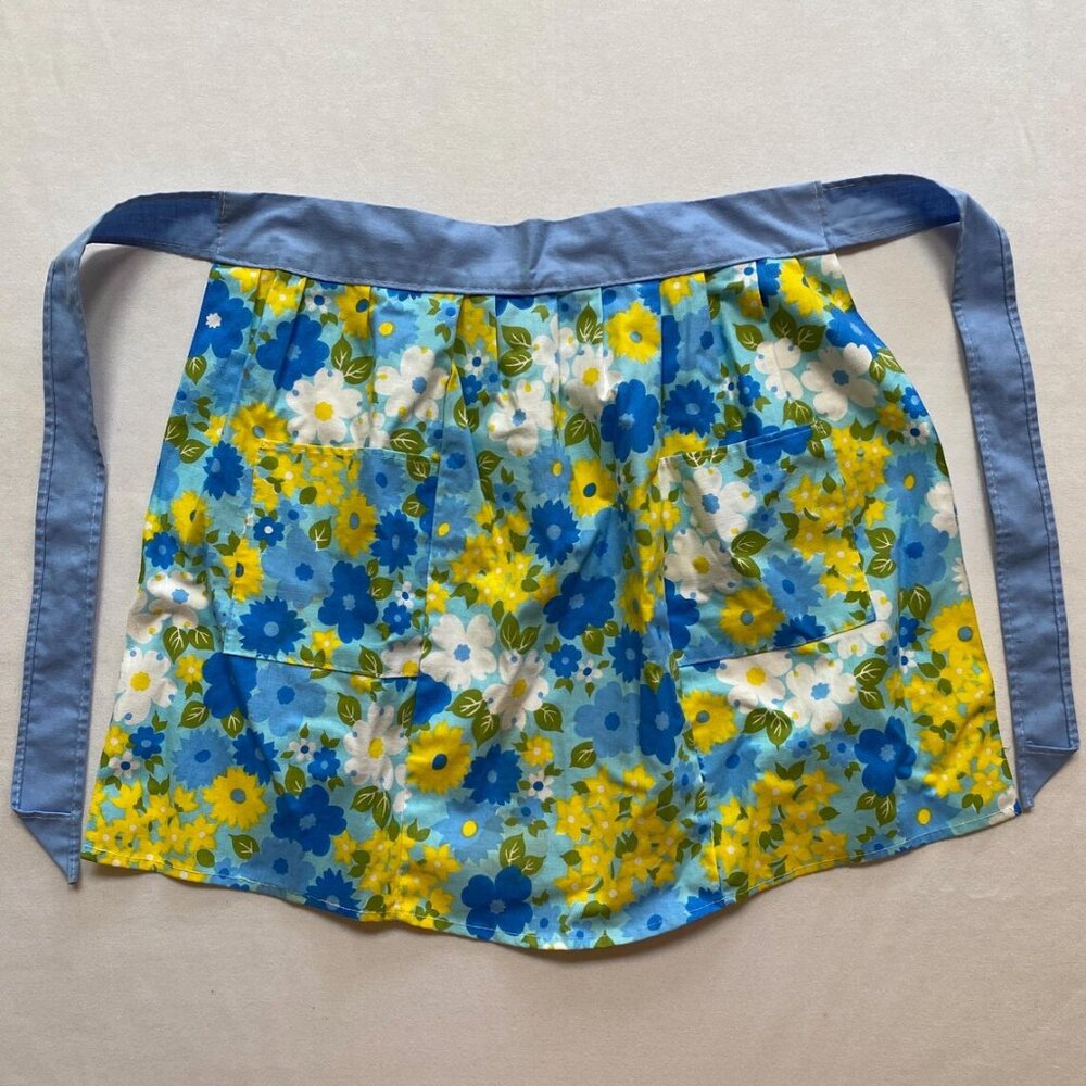 Vintage Kitchen Apron Groovy Flower Power Blue and Yellow